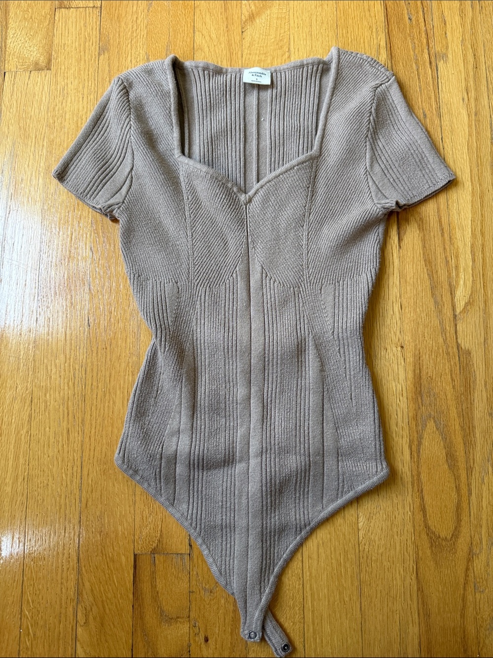 Abercrombie & Fitch Taupe Ribbed Short-Sleeve Bodysuit